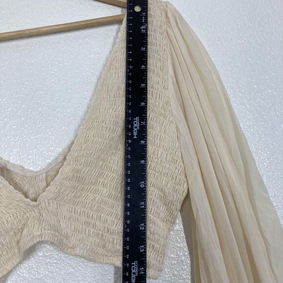 Indah Biru Crop Top Womens M Beige Smocked Sheer Balloon Sleeve Boho - Picture 9 of 16